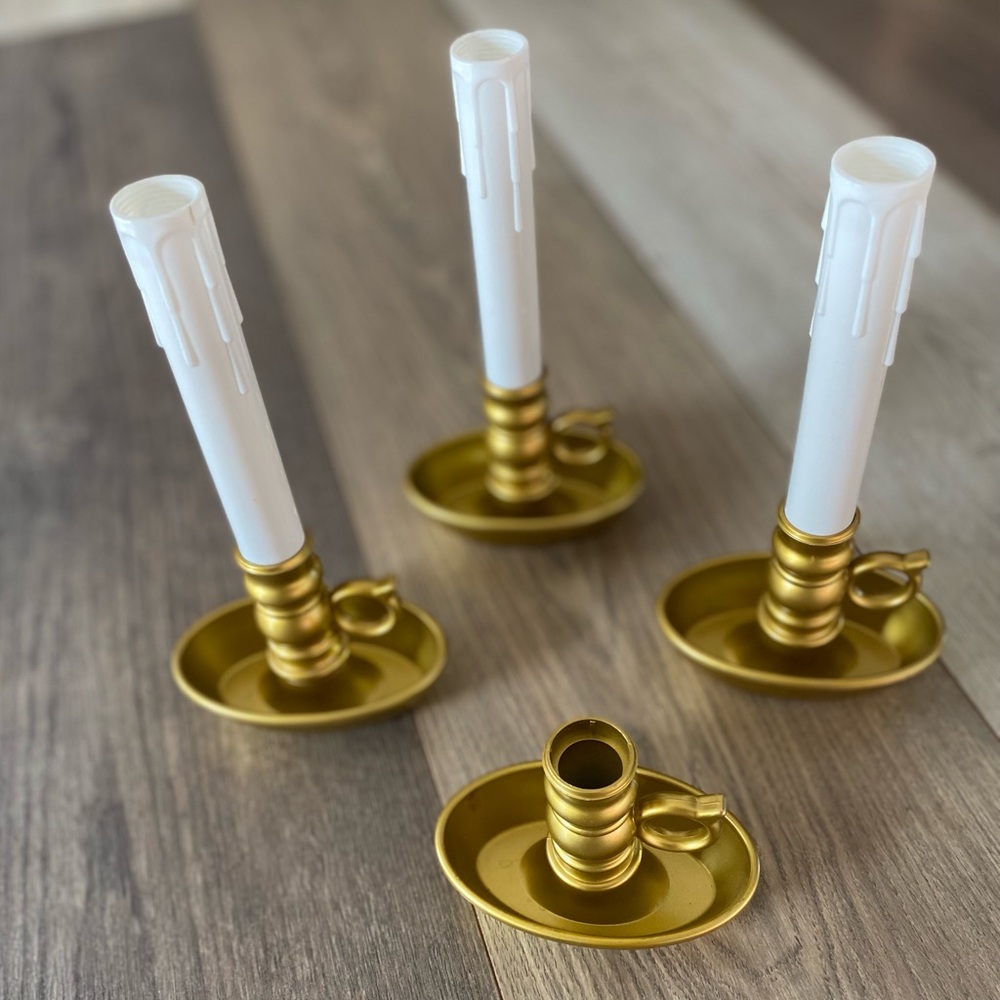 VINTAGE BATTERY LED WINDOW CANDLES GOLD TONE HOLDER CHAMBERSTiCK HANDLE
